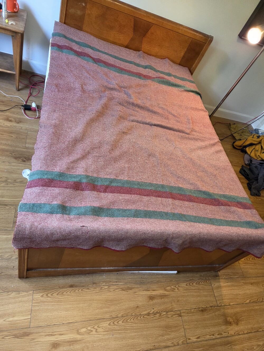 Vintage Kenwood Mills 100% Wool Blanket - Mauve Pink with Green & Maroon Stripes